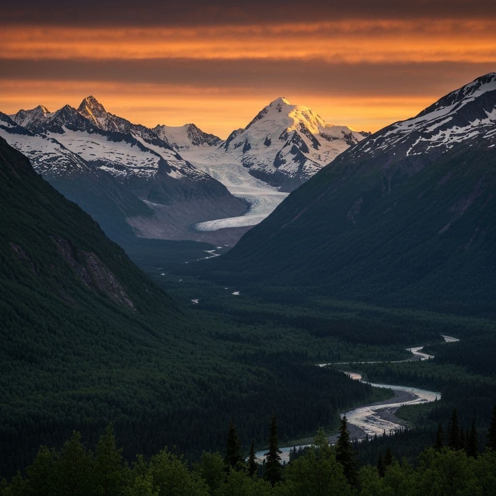 Dramatic snow-capped mountains of Alaska's Mat-Su Valley